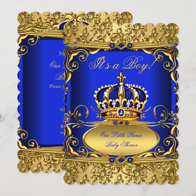 Royal Blue Damask Gold Crown Baby Shower Boy RB3 Invitation (Front/Back)