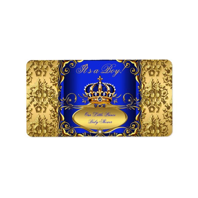 Royal Blue Damask Gold Crown Baby Shower Boy RB3 Label (Front)