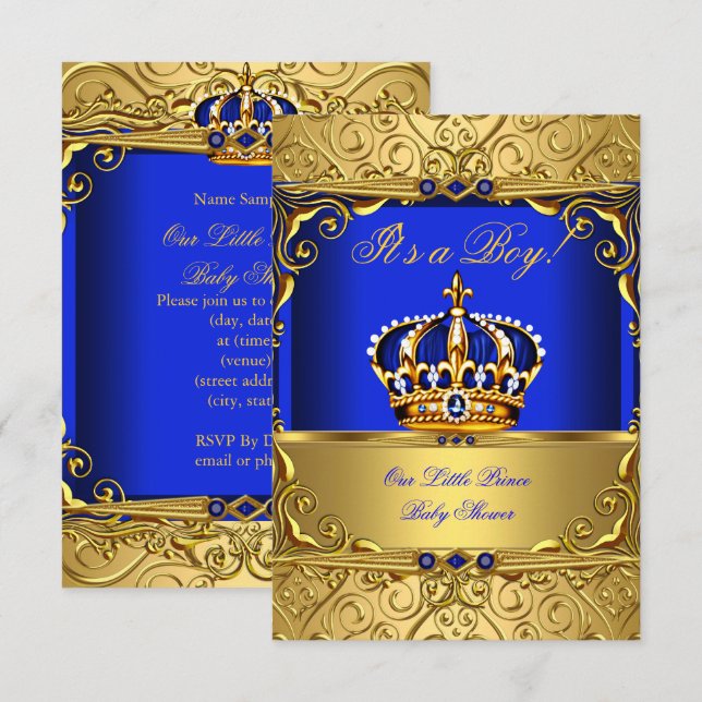 Royal Blue Damask Gold Crown Baby Shower Boy SMALL Invitation (Front/Back)