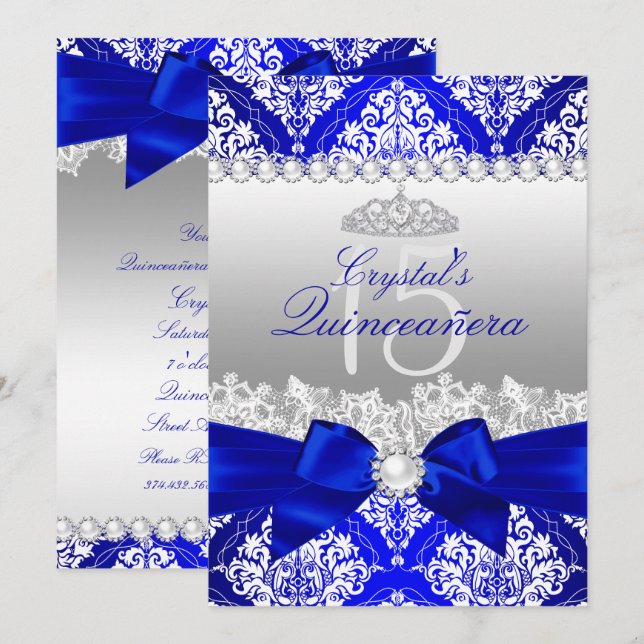 Royal Blue Damask Pearl Bow Quinceanera Invite (Front/Back)