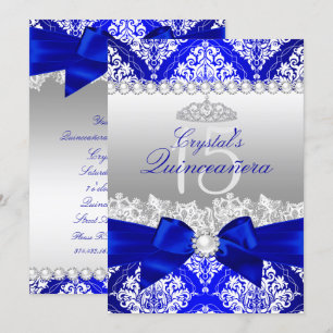 Royal Blue Damask Pearl Bow Quinceanera Invite