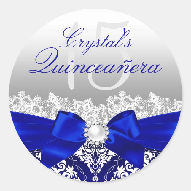 Royal Blue Damask & Pearl Bow Quinceanera Sticker (Front)