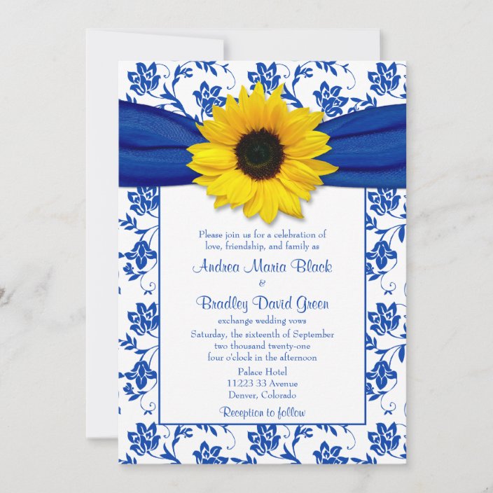 Royal Blue Damask Sunflower Wedding Invitation | Zazzle.co.uk