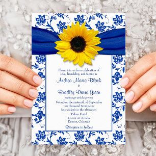 Royal Blue Damask Sunflower Wedding Invitation