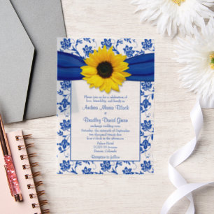 Royal Blue Damask Sunflower Wedding Vellum Invitations