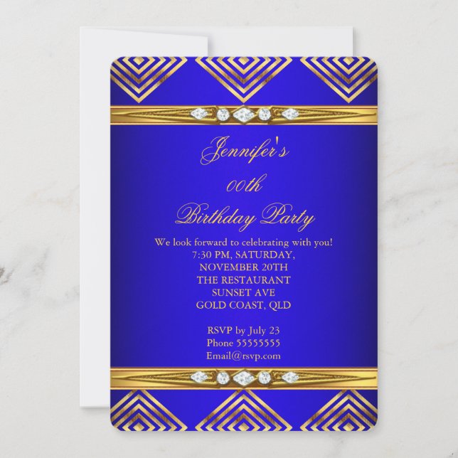 Royal Blue Deco Stripe Gold Diamond Party Invitation (Front)