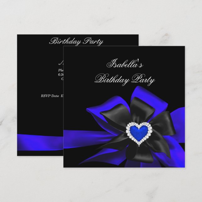 Royal Blue Diamond Heart Black Bow Birthday Party Invitation (Front/Back)