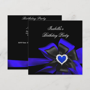 Royal Blue Diamond Heart Black Bow Birthday Party Invitation