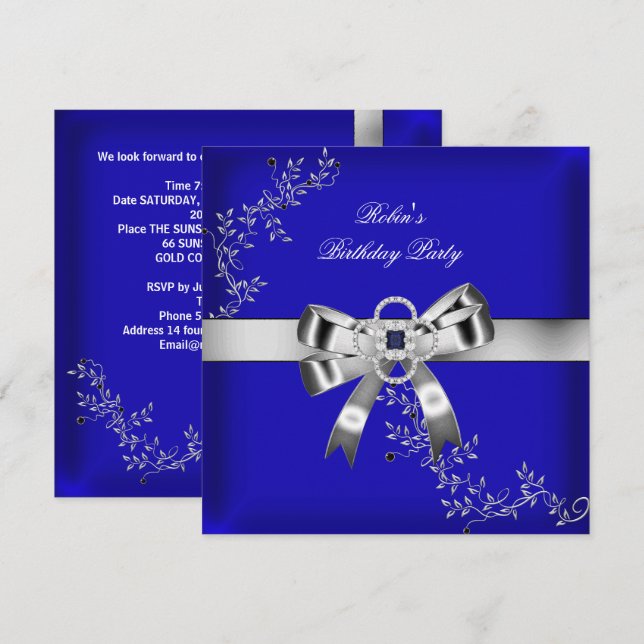 Royal Blue Diamond Jewel Silver Bow Invitation (Front/Back)