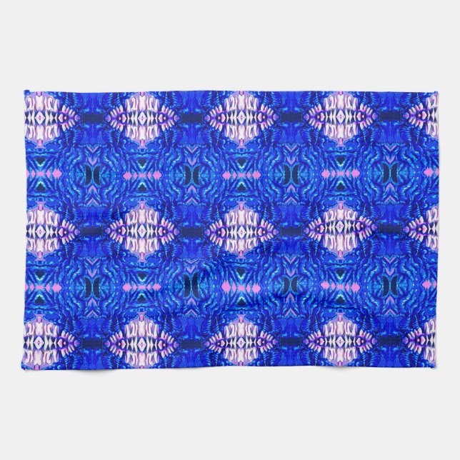 royal blue diamond sand hippie tiedye rug pattern tea towel (Horizontal)