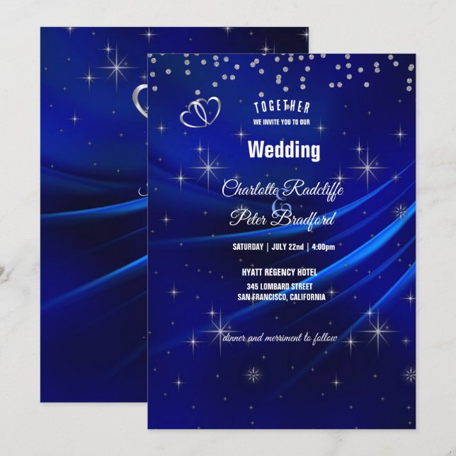 Royal Blue Diamonds and Hearts Wedding Invitation (Front/Back)