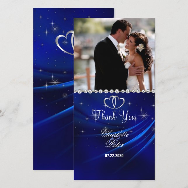 Royal Blue Diamonds/Hearts Thank You Photo Card (Front/Back)