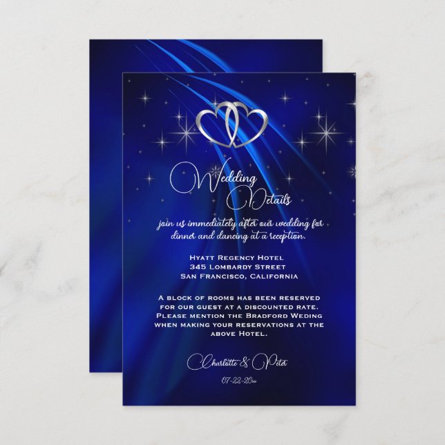 Royal Blue, Diamonds & Hearts Wedding Enclosure Card (Front/Back)