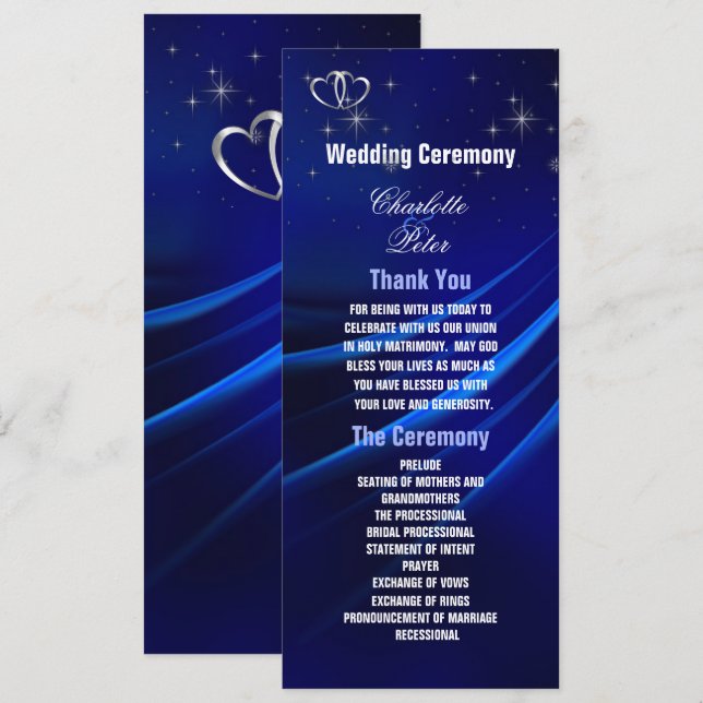 Royal Blue Diamonds/Hearts Wedding Program Card (Front/Back)