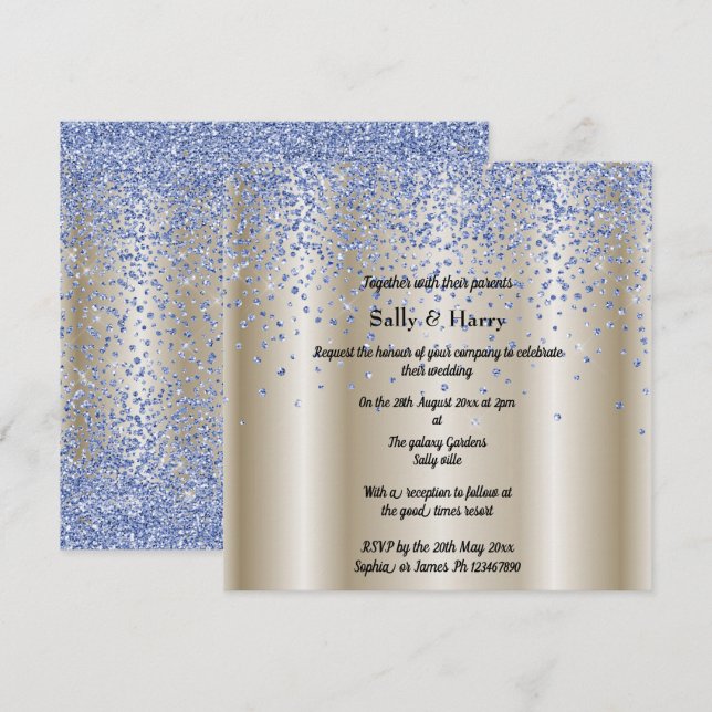 Royal Blue Diamonds wedding blue crystal gold Invitation (Front/Back)