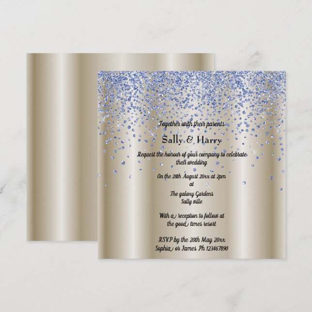 Royal Blue Diamonds wedding blue crystal gold Invitation (Front/Back)