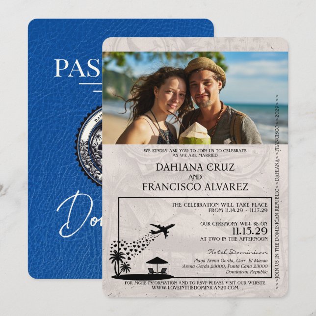 Royal Blue Dominican Republic Passport Wedding Invitation (Front/Back)