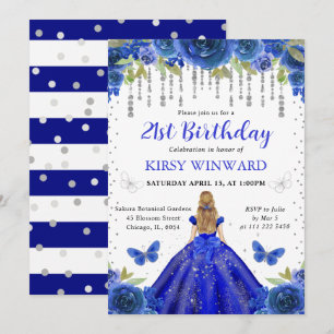 Royal Blue Dress Blonde Haired Princess Birthday Invitation