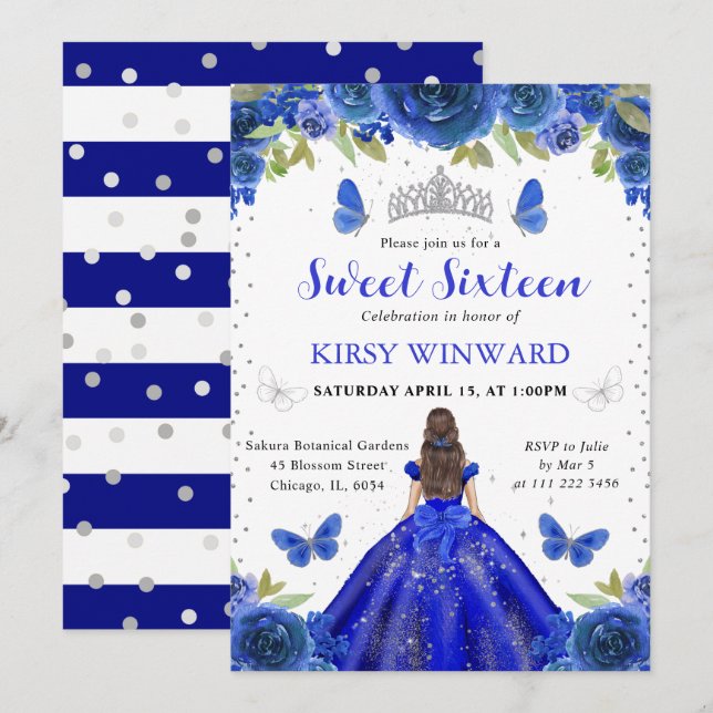 Royal Blue Dress Brunette Princess Sweet 16 Invitation (Front/Back)