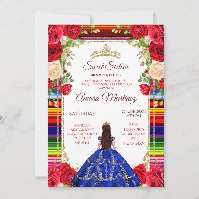 Royal Blue Dress & Colourful Sweet 16th Birthday Invitation (Front)