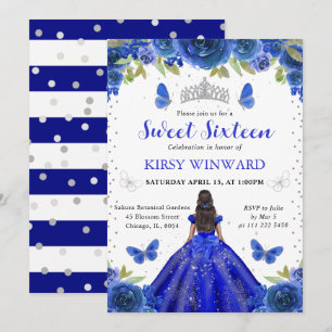 Royal Blue Dress Dark Skin Princess Sweet 16 Invitation
