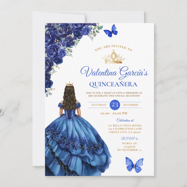 Royal Blue Dress Quinceañera 15 Anos Flowers Gold Invitation (Front)