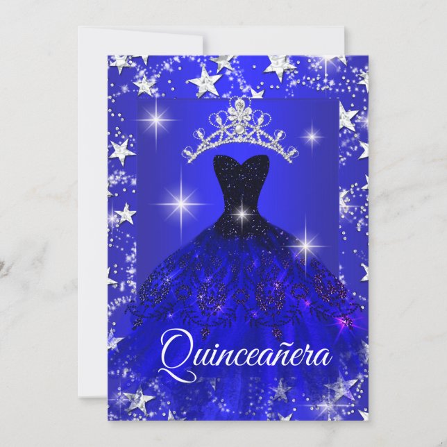 Royal Blue Dress Sparkle Tiara Stars Quinceanera Invitation (Front)