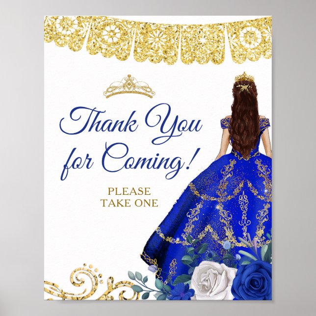 Royal Blue Dresses Floral Quinceañera Thank You  Poster (Front)