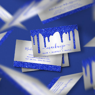 Royal Blue Dripping Glitter Silver Metallic Business Card