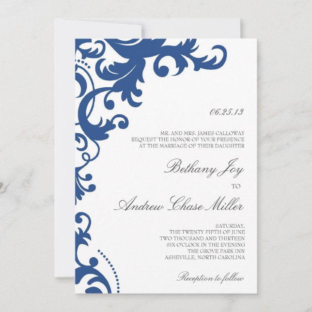 Royal Blue Elegant Damask Wedding Invitation (Front)