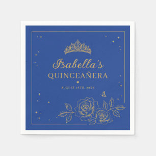 Royal Blue Elegant Gold Floral Quinceañera Napkin