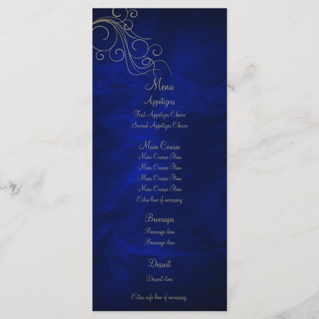 Royal Blue Elegant Gold Wedding Menu Rack Card (Front)