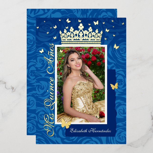Royal Blue Elegant Photo Quinceañera Gold (Front/Back)