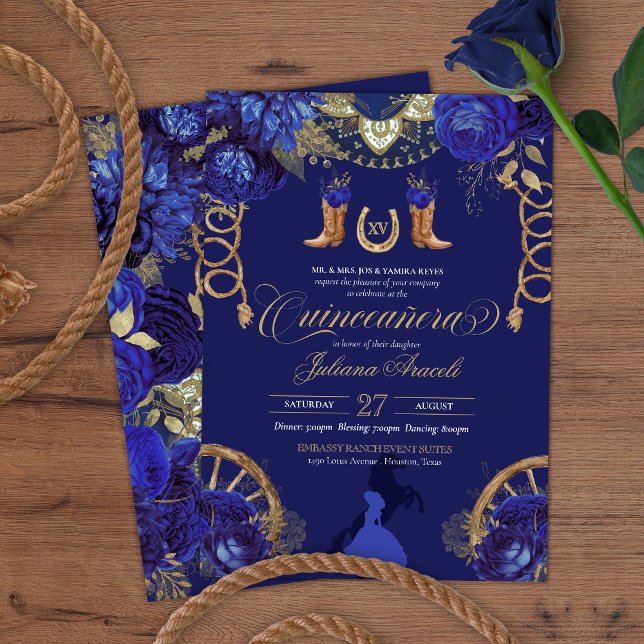 Royal Blue Elegant Roses + Gold Charro Quinceanera Invitation (Creator Uploaded)