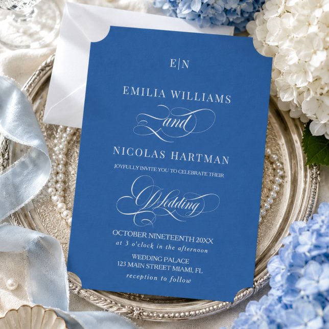 Royal Blue Elegant Script Monogram Wedding Invitation (Creator Uploaded)
