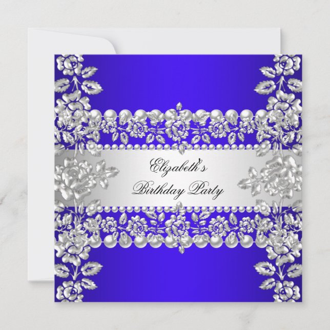Royal Blue Elegant Silver Floral Birthday Party Invitation (Front)