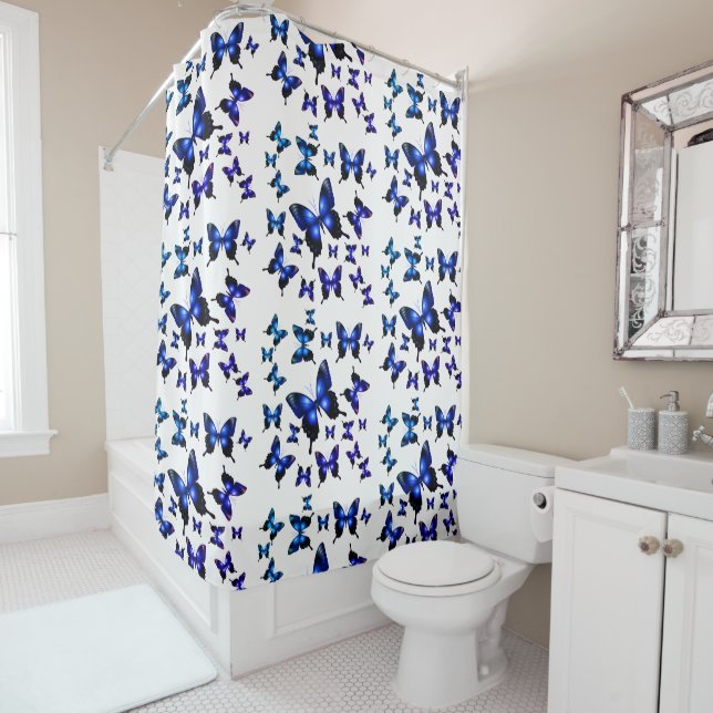 Royal Blue Elegant Whimsical Butterflies Shower Curtain (In Situ)