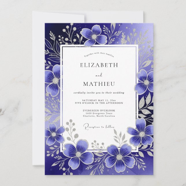 Royal Blue Ethereal Floral Wedding Invitation (Front)