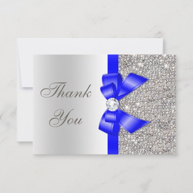 Royal Blue Faux Bow Silver Sequins Thank You (Front)