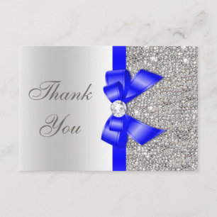 Royal Blue Faux Bow Silver Sequins Thank You Card