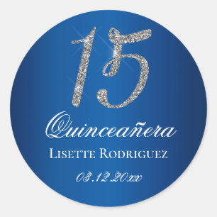 Royal Blue Faux Glitter 15 Quinceanera Classic Round Sticker