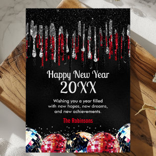 Royal blue faux glitter disco balls Happy New Year Holiday Card