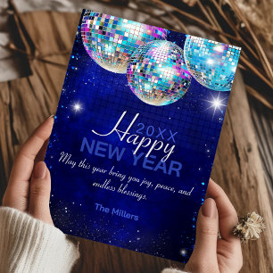 Royal blue faux glitter disco balls Happy New Year Holiday Card