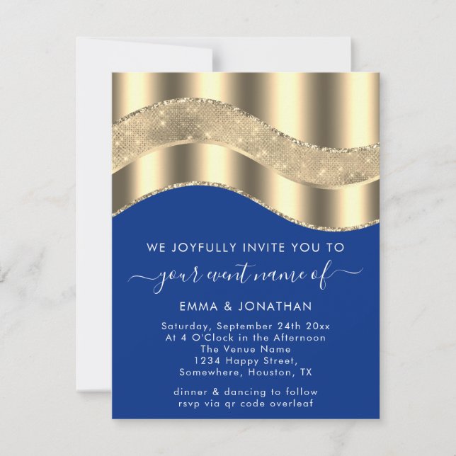 Royal Blue Faux Gold Border Wave QR Code Wedding (Front)