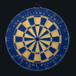 Royal Blue Faux Gold Custom Family Name Geometric Dartboard<br><div class="desc">A classic dartboard design with alternating royal blue and faux gold foil triangles. 

Above and below there are the name and a message as arched text,  in golden caps.</div>