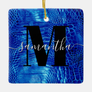 Royal Blue Faux Leather Monogram Photo Ceramic Ornament