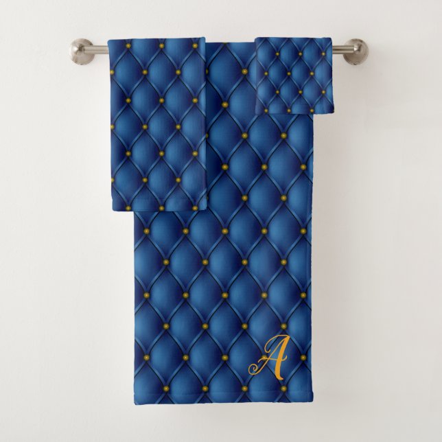 Royal Blue Faux Pin Tucks & Monogram Letter Bath Towel Set (Insitu)
