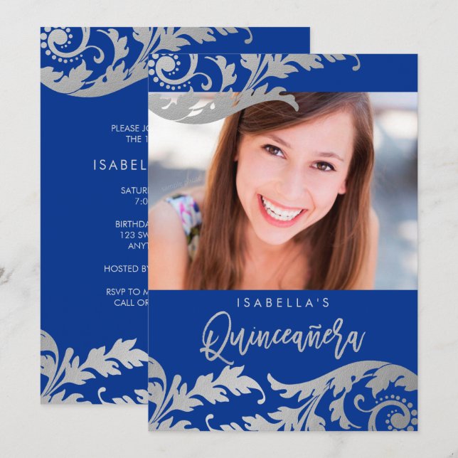 Royal Blue Faux Silver Swirls Photo Quinceanera Invitation (Front/Back)