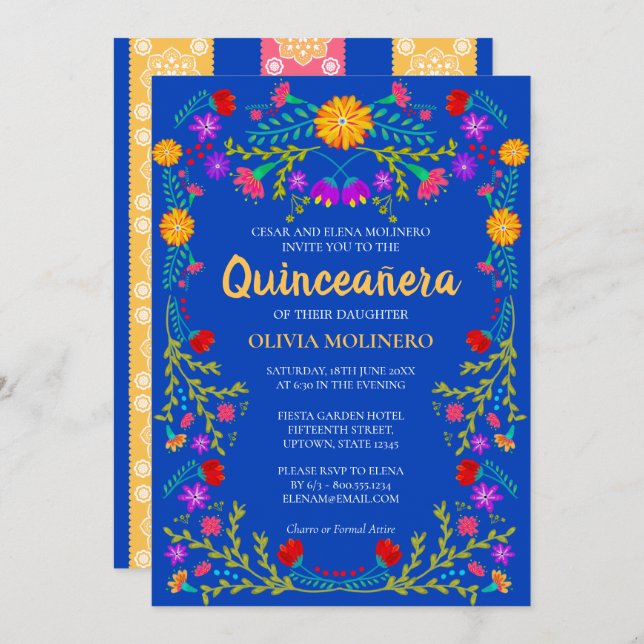Royal Blue Fiesta Party Mexican Quinceanera Invitation (Front/Back)