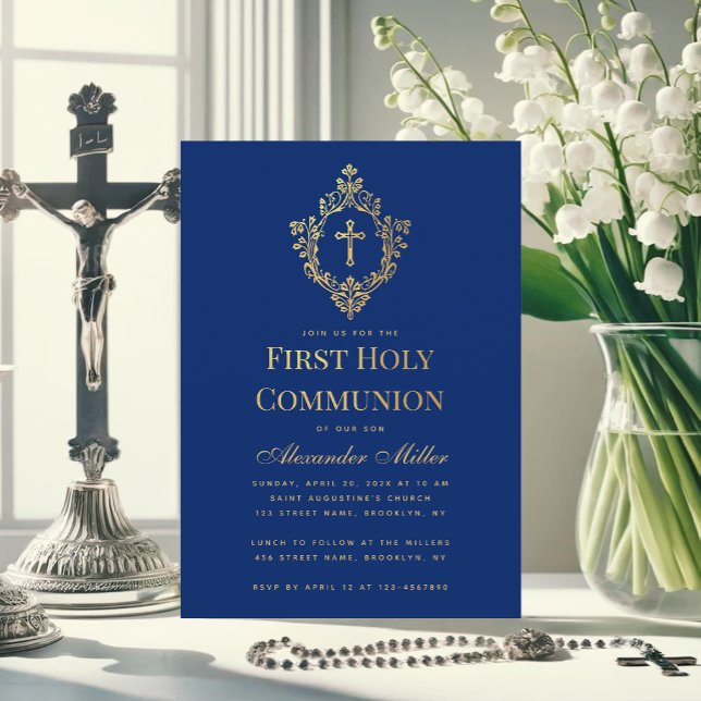 Royal Blue First Communion Faux Gold Cross Crest  Invitation (Creator Uploaded)